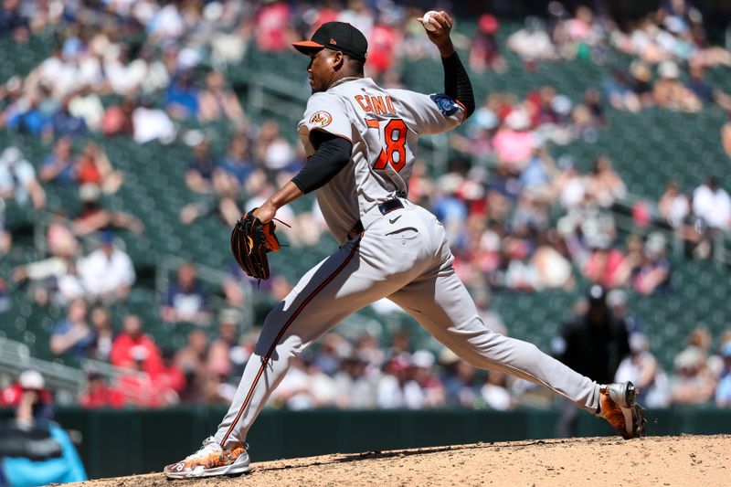 May 8, 2025; Minneapolis, Minnesota, USA; Baltimore Orioles pitcher Yennier Cano (78) delivers a pitch against the Minnesota Twins during the eighth inning at Target Field. Mandatory Credit: Matt Krohn-Imagn Images