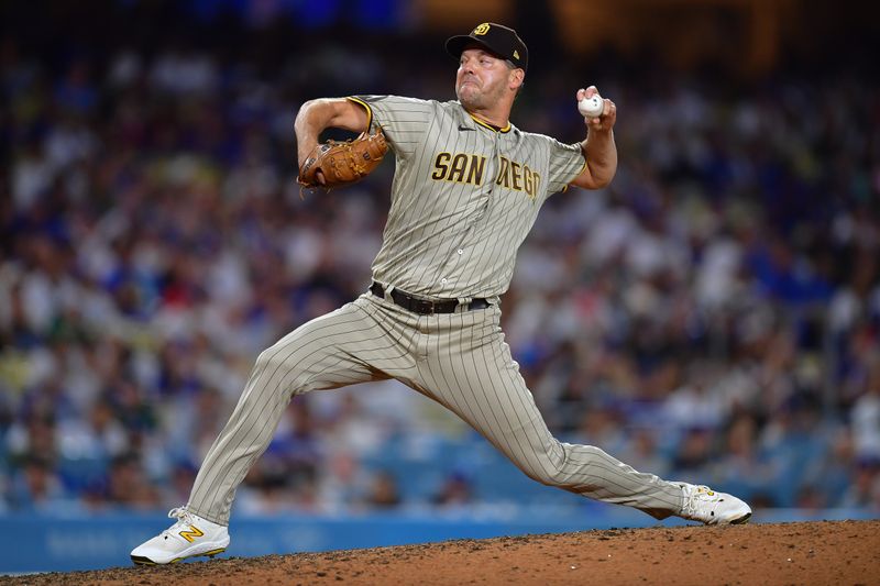 Sep 12, 2023; Los Angeles, California, USA; San Diego Padres starting pitcher Rich Hill (41) throws against the Los Angeles Dodgers during the seventh inning at Dodger Stadium. Mandatory Credit: Gary A. Vasquez-USA TODAY Sports