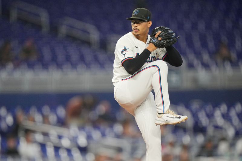 Jun 4, 2024; Miami, Florida, USA; Miami Marlins starting pitcher Jesús Luzardo (44) pitches against the Tampa Bay Rays in the first inning at loanDepot Park. Mandatory Credit: Jim Rassol-USA TODAY Sports