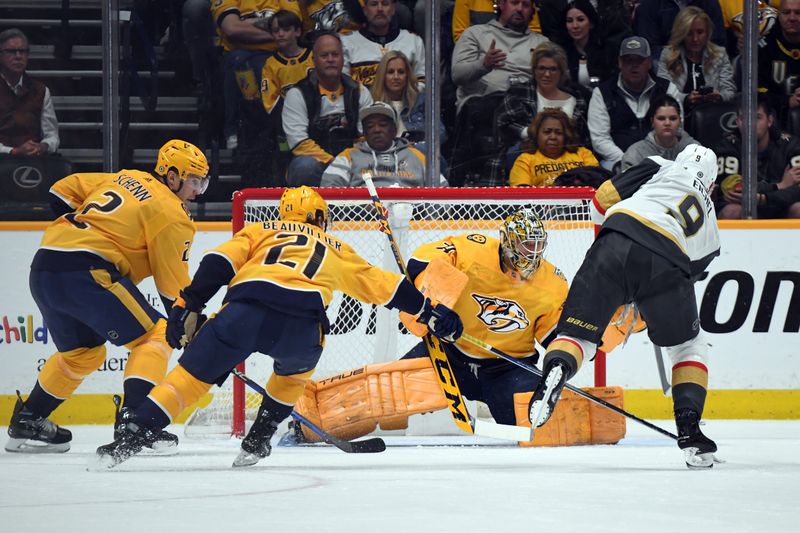 Mar 26, 2024; Nashville, Tennessee, USA; Nashville Predators goaltender Juuse Saros (74) makes a save on a shot by Vegas Golden Knights center Jack Eichel (9) during the first period at Bridgestone Arena. Mandatory Credit: Christopher Hanewinckel-USA TODAY Sports