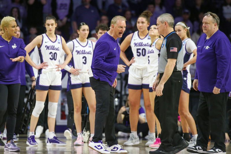 Mar 24, 2024; Manhattan, Kansas, USA; Kansas State Wildcstas head coach Jeff Mittie reacts to a call during the third quarter against the Colorado Buffaloes at Bramlage Coliseum. Mandatory Credit: Scott Sewell-USA TODAY Sports