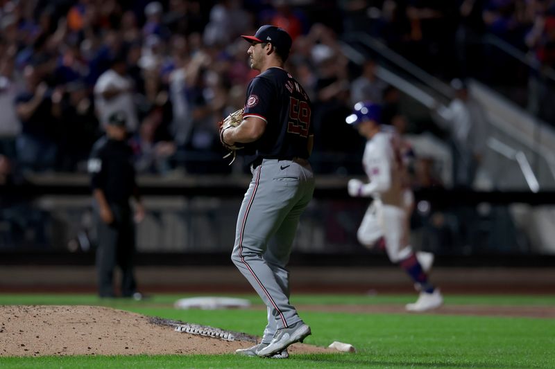 Sep 18, 2024; New York City, New York, USA; New York Mets left fielder Brandon Nimmo (9) rounds the bases after hitting a three run home run against Washington Nationals relief pitcher Jacob Barnes (59) during the fourth inning at Citi Field. Mandatory Credit: Brad Penner-Imagn Images