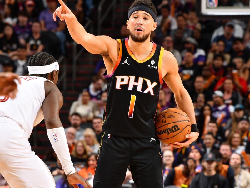 PHOENIX, AZ - APRIL 3:  Devin Booker #1 of the Phoenix Suns handles the ball during the game  on April 3, 2024 at Footprint Center in Phoenix, Arizona. NOTE TO USER: User expressly acknowledges and agrees that, by downloading and or using this photograph, user is consenting to the terms and conditions of the Getty Images License Agreement. Mandatory Copyright Notice: Copyright 2024 NBAE (Photo by Barry Gossage/NBAE via Getty Images)