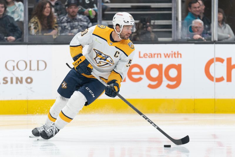 Feb 24, 2024; San Jose, California, USA; Nashville Predators defenseman Roman Josi (59) controls the puck during the second period against the San Jose Sharks at SAP Center at San Jose. Mandatory Credit: Stan Szeto-USA TODAY Sports