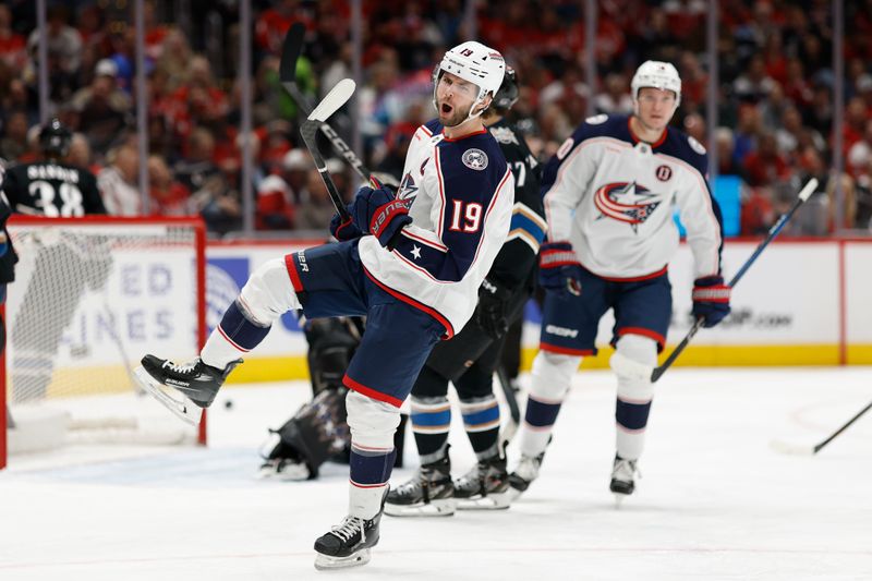 Apr 13, 2025; Washington, District of Columbia, USA; Columbus Blue Jackets center Adam Fantilli (19) celebrates after scoring a goal against the Washington Capitals in the second period at Capital One Arena. Mandatory Credit: Geoff Burke-Imagn Images