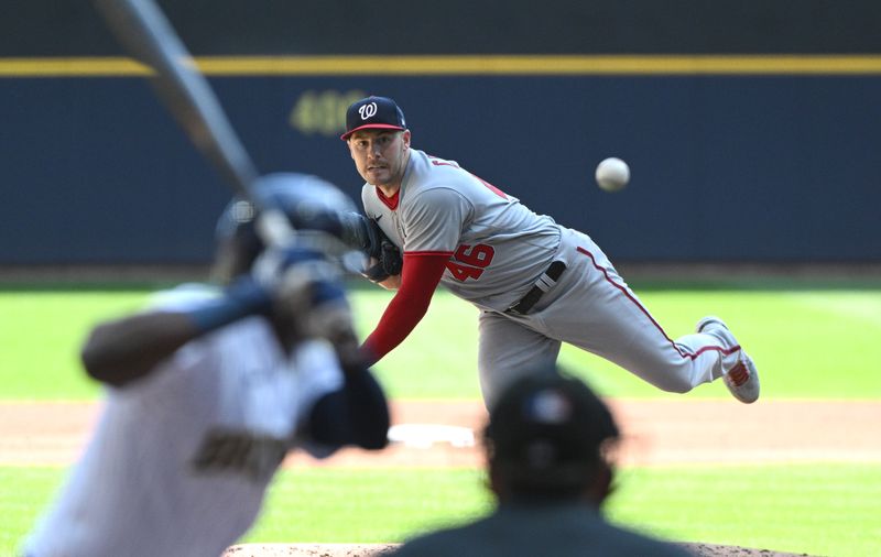 Sep 17, 2023; Milwaukee, Wisconsin, USA; Washington Nationals starting pitcher Patrick Corbin (46) delivers a pitch against the Milwaukee Brewers in the first inning at American Family Field. Mandatory Credit: Michael McLoone-USA TODAY Sports