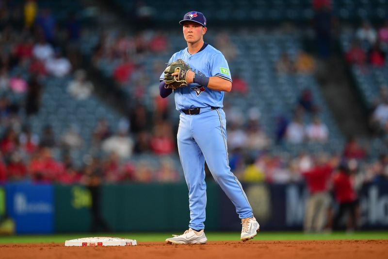 Aug 12, 2024; Anaheim, California, USA; Toronto Blue Jays second baseman Will Wagner (7) before the bottom of the fourth inning against the Los Angeles Angels at Angel Stadium. Mandatory Credit: Gary A. Vasquez-USA TODAY Sports