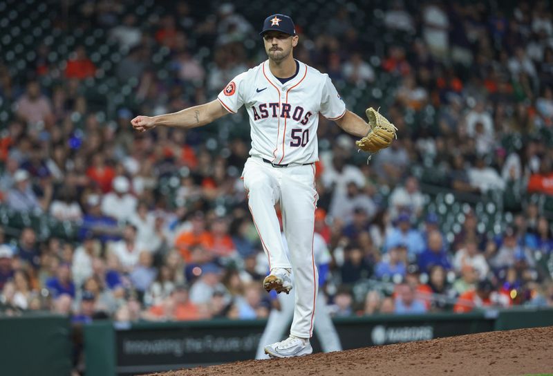 Apr 3, 2024; Houston, Texas, USA; Houston Astros relief pitcher Tayler Scott (50) reacts after getting an out during the eighth inning against the Toronto Blue Jays at Minute Maid Park. Mandatory Credit: Troy Taormina-USA TODAY Sports