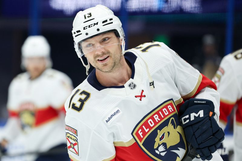 Feb 17, 2024; Tampa, Florida, USA;  Florida Panthers center Sam Reinhart (13) warms up before a game against the Tampa Bay Lightning at Amalie Arena. Mandatory Credit: Nathan Ray Seebeck-USA TODAY Sports