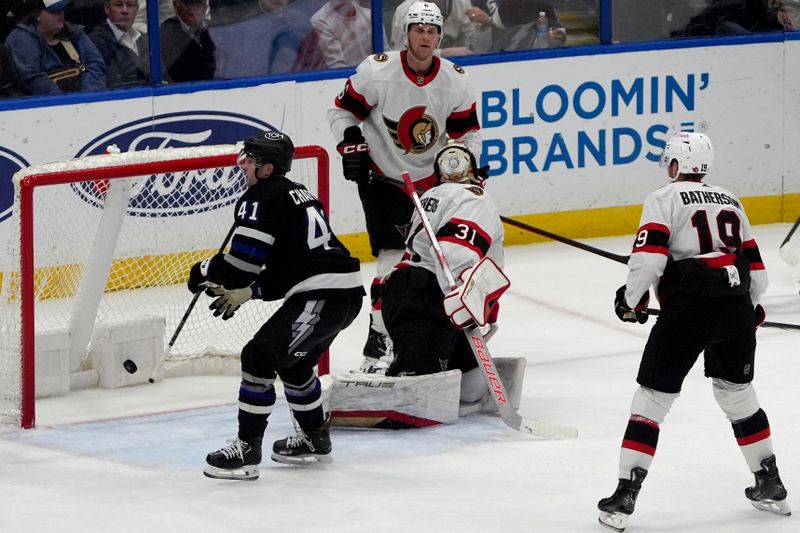 Feb 19, 2024; Tampa, Florida, USA; Tampa Bay Lightning right wing Mitchell Chaffee (41) scores a goal against the Ottawa Senators during the second period at Amalie Arena. Mandatory Credit: Dave Nelson-USA TODAY Sports