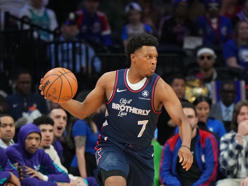 PHILADELPHIA, PA - MARCH 16: Kyle Lowry #7 of the Philadelphia 76ers passes the ball during the game against the Charlotte Hornets on March 16, 2024 at the Wells Fargo Center in Philadelphia, Pennsylvania NOTE TO USER: User expressly acknowledges and agrees that, by downloading and/or using this Photograph, user is consenting to the terms and conditions of the Getty Images License Agreement. Mandatory Copyright Notice: Copyright 2024 NBAE (Photo by Jesse D. Garrabrant/NBAE via Getty Images)