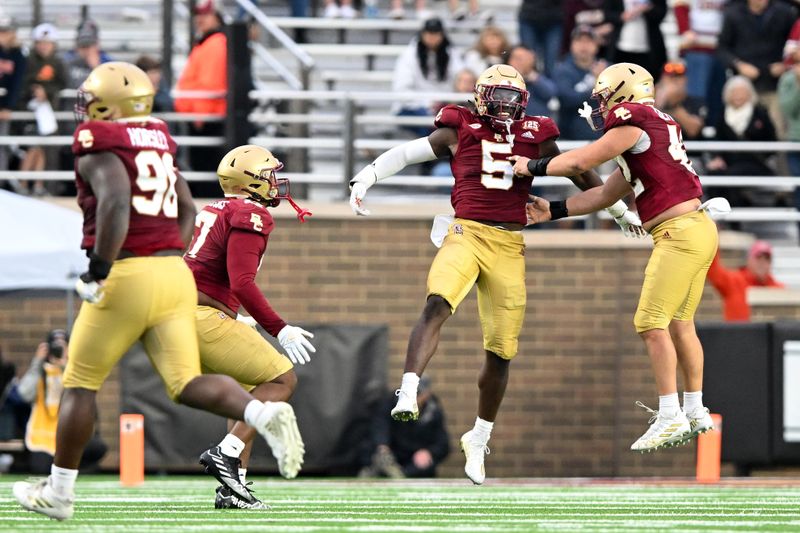 Sep 30, 2023; Chestnut Hill, Massachusetts, USA; Boston College Eagles linebacker Kam Arnold (5) reacts after breaking up a play against the Virginia Cavaliers during the second half at Alumni Stadium. Mandatory Credit: Brian Fluharty-USA TODAY Sports