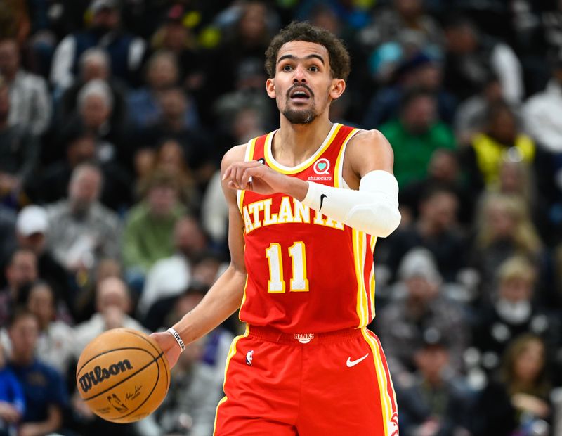 SALT LAKE CITY, UTAH - FEBRUARY 03: Trae Young #11 of the Atlanta Hawks in action during the second half of a game against the Utah Jazz at Vivint Arena on February 03, 2023 in Salt Lake City, Utah.  NOTE TO USER: User expressly acknowledges and agrees that, by downloading and or using this photograph, User is consenting to the terms and conditions of the Getty Images License Agreement. (Photo by Alex Goodlett/Getty Images)