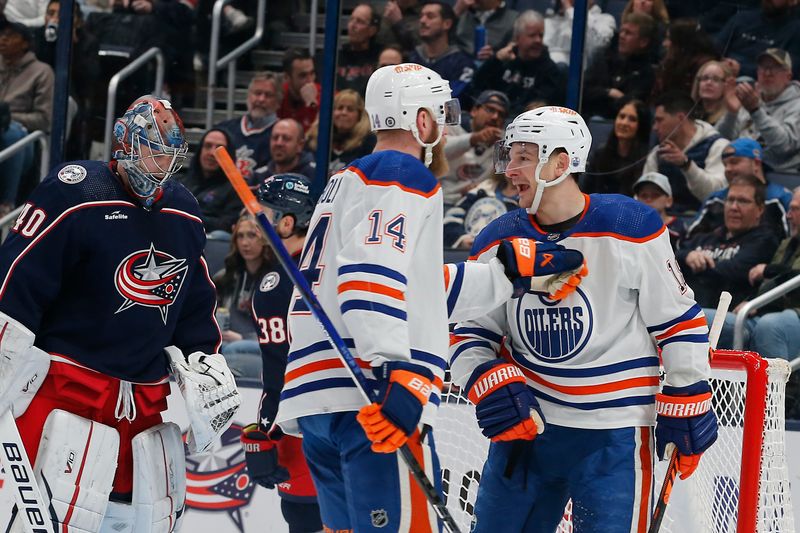 Mar 7, 2024; Columbus, Ohio, USA; Edmonton Oilers center Zach Hyman (18) celebrates his goal against the Columbus Blue Jackets during the second period at Nationwide Arena. Mandatory Credit: Russell LaBounty-USA TODAY Sports