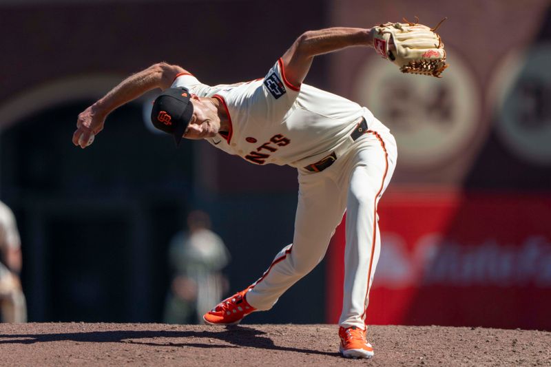 Sep 5, 2024; San Francisco, California, USA;  San Francisco Giants pitcher Tyler Rogers (71) pitches during the seventh inning against the Arizona Diamondbacks at Oracle Park. Mandatory Credit: Stan Szeto-Imagn Images