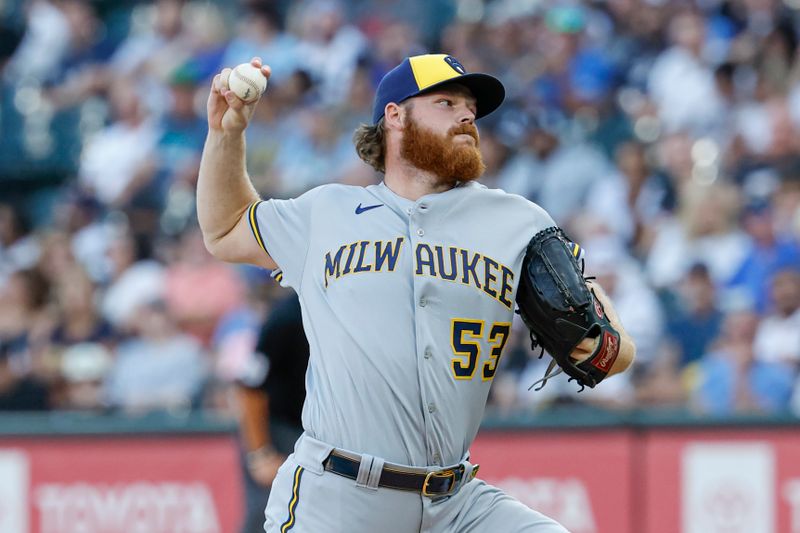 Aug 12, 2023; Chicago, Illinois, USA; Milwaukee Brewers starting pitcher Brandon Woodruff (53) delivers a pitch against the Chicago White Sox during the first inning at Guaranteed Rate Field. Mandatory Credit: Kamil Krzaczynski-USA TODAY Sports