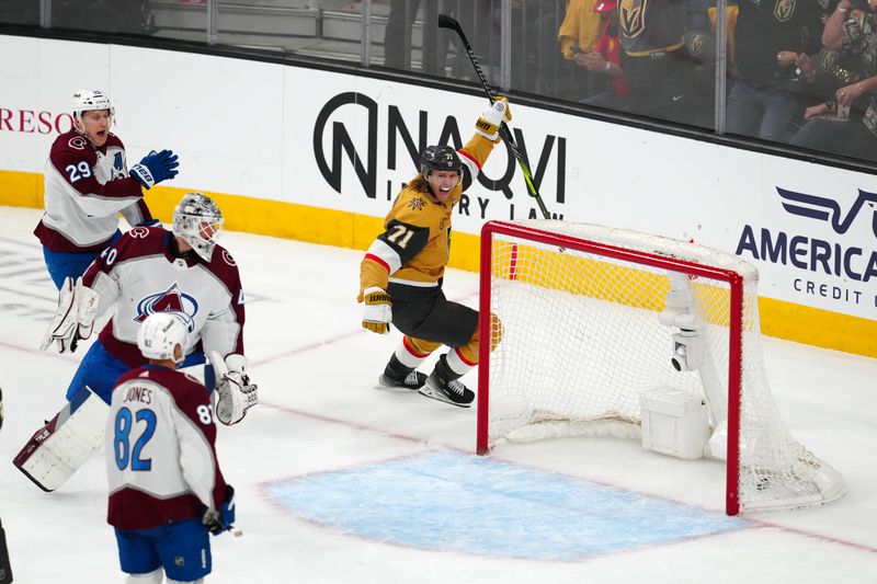 Apr 14, 2024; Las Vegas, Nevada, USA; Vegas Golden Knights center William Karlsson (71) celebrates after scoring a second goal against the Colorado Avalanche during the third period at T-Mobile Arena. Mandatory Credit: Stephen R. Sylvanie-USA TODAY Sports