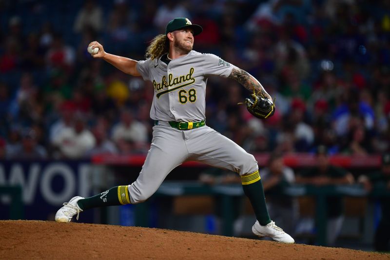 Jul 26, 2024; Anaheim, California, USA; Oakland Athletics pitcher Joey Estes (68) throws against the Los Angeles Angels during the sixth inning at Angel Stadium. Mandatory Credit: Gary A. Vasquez-USA TODAY Sports