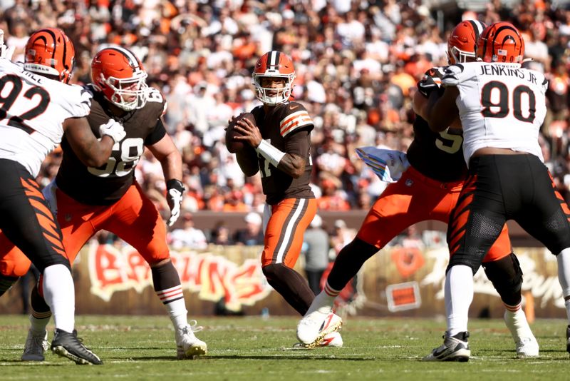 Cleveland Browns quarterback Dorian Thompson-Robinson (17) looks to throw the ball during an NFL football game against the Cincinnati Bengals , Sunday, Oct. 20, 2024, in Cleveland. (AP Photo/Kirk Irwin)