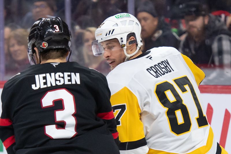 Dec 14, 2024; Ottawa, Ontario, CAN; Pittsburgh Penguins center Sidney Crosby (87) skates past  Ottawa Senators defenseman Nick Jensen (3) in the second period at the Canadian Tire Centre. Mandatory Credit: Marc DesRosiers-Imagn Images