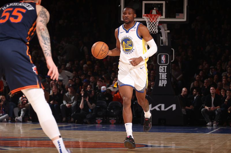 NEW YORK, NY - FEBRUARY 29: Jonathan Kuminga #00 of the Golden State Warriors dribbles the ball during the game against the New York Knicks on January 29, 2024 at Madison Square Garden in New York City, New York.  NOTE TO USER: User expressly acknowledges and agrees that, by downloading and or using this photograph, User is consenting to the terms and conditions of the Getty Images License Agreement. Mandatory Copyright Notice: Copyright 2024 NBAE  (Photo by Nathaniel S. Butler/NBAE via Getty Images)