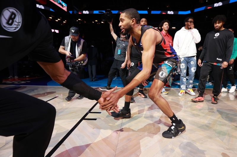 BROOKLYN, NY - JANUARY 29: Mikal Bridges #1 of the Brooklyn Nets is introduced before the game against the Utah Jazz on January 29, 2024 at Barclays Center in Brooklyn, New York. NOTE TO USER: User expressly acknowledges and agrees that, by downloading and or using this Photograph, user is consenting to the terms and conditions of the Getty Images License Agreement. Mandatory Copyright Notice: Copyright 2024 NBAE (Photo by Nathaniel S. Butler/NBAE via Getty Images)