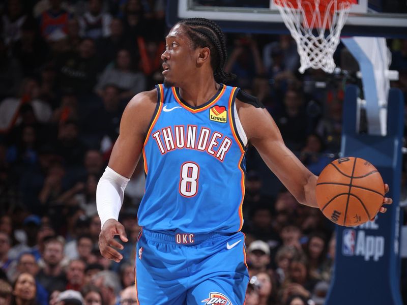 OKLAHOMA CITY, OK - NOVEMBER 13: Jalen Williams #8 of the Oklahoma City Thunder dribbles the ball during the game against the New Orleans Pelicans on November 13, 2024 at Paycom Center in Oklahoma City, Oklahoma. NOTE TO USER: User expressly acknowledges and agrees that, by downloading and or using this photograph, User is consenting to the terms and conditions of the Getty Images License Agreement. Mandatory Copyright Notice: Copyright 2024 NBAE (Photo by Nathaniel S. Butler/NBAE via Getty Images)