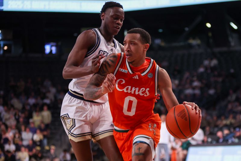 Mar 4, 2025; Atlanta, Georgia, USA; Miami Hurricanes guard Matthew Cleveland (0) is defended by Georgia Tech Yellow Jackets forward Darrion Sutton (10) in the first half at McCamish Pavilion. Mandatory Credit: Brett Davis-Imagn Images