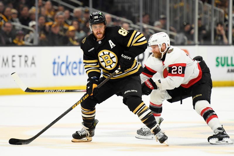 Apr 16, 2024; Boston, Massachusetts, USA;  Boston Bruins right wing David Pastrnak (88) controls the puck while Ottawa Senators right wing Claude Giroux (28) defends during the third period at TD Garden. Mandatory Credit: Bob DeChiara-USA TODAY Sports