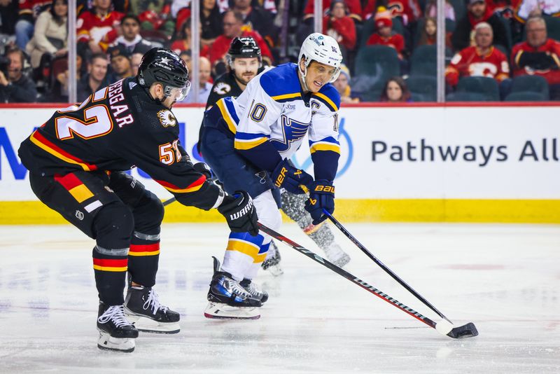 Jan 23, 2024; Calgary, Alberta, CAN; St. Louis Blues center Brayden Schenn (10) and Calgary Flames defenseman MacKenzie Weegar (52) battles for the puck during the third period at Scotiabank Saddledome. Mandatory Credit: Sergei Belski-USA TODAY Sports