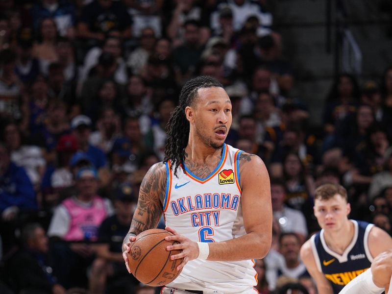 DENVER, CO - MAY 11: Jaylin Williams #6 of the Oklahoma City Thunder looks to pass the ball during the game against the Denver Nuggets during Round 2 Game 4 of the 2025 NBA Playoffs on May 11, 2025 at Ball Arena in Denver, Colorado. NOTE TO USER: User expressly acknowledges and agrees that, by downloading and/or using this Photograph, user is consenting to the terms and conditions of the Getty Images License Agreement. Mandatory Copyright Notice: Copyright 2025 NBAE (Photo by Bart Young/NBAE via Getty Images)