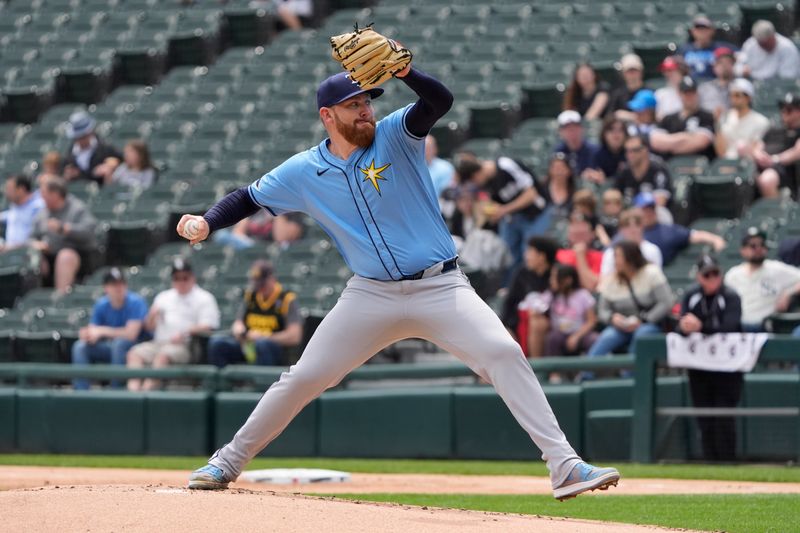 Apr 28, 2024; Chicago, Illinois, USA; Tampa Bay Rays pitcher Zack Littell (52) throws the ball against the Chicago White Sox during the first inning at Guaranteed Rate Field. Mandatory Credit: David Banks-USA TODAY Sports