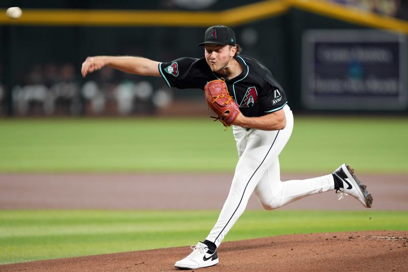 May 4, 2024; Phoenix, Arizona, USA; Arizona Diamondbacks pitcher Brandon Pfaadt (32) pitches against the San Diego Padres during the first inning at Chase Field. Mandatory Credit: Joe Camporeale-USA TODAY Sports