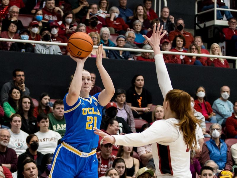 Feb 20, 2023; Stanford, California, USA;  Stanford Cardinal forward Brooke Demetre (21) takes a three-point shot against the Stanford Cardinal during the second half at Maples Pavilion. Mandatory Credit: John Hefti-USA TODAY Sports