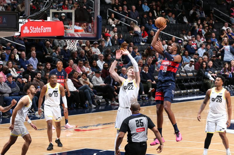 WASHINGTON, DC -? MARCH 5:  Alexandre Sarr #20 of the Washington Wizards drives to the basket during the game against the Utah Jazz on March 5, 2025 at Capital One Arena in Washington, DC. NOTE TO USER: User expressly acknowledges and agrees that, by downloading and or using this Photograph, user is consenting to the terms and conditions of the Getty Images License Agreement. Mandatory Copyright Notice: Copyright 2025 NBAE (Photo by Stephen Gosling/NBAE via Getty Images)