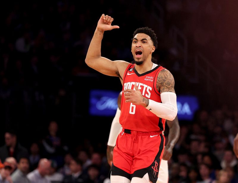 NEW YORK, NEW YORK - MARCH 27: Kenyon Martin Jr. #6 of the Houston Rockets encourages his teammates to get back after eh sunk a three point shot during the first half against the New York Knicks at Madison Square Garden on March 27, 2023 in New York City. NOTE TO USER: User expressly acknowledges and agrees that, by downloading and or using this photograph, User is consenting to the terms and conditions of the Getty Images License Agreement. (Photo by Elsa/Getty Images)