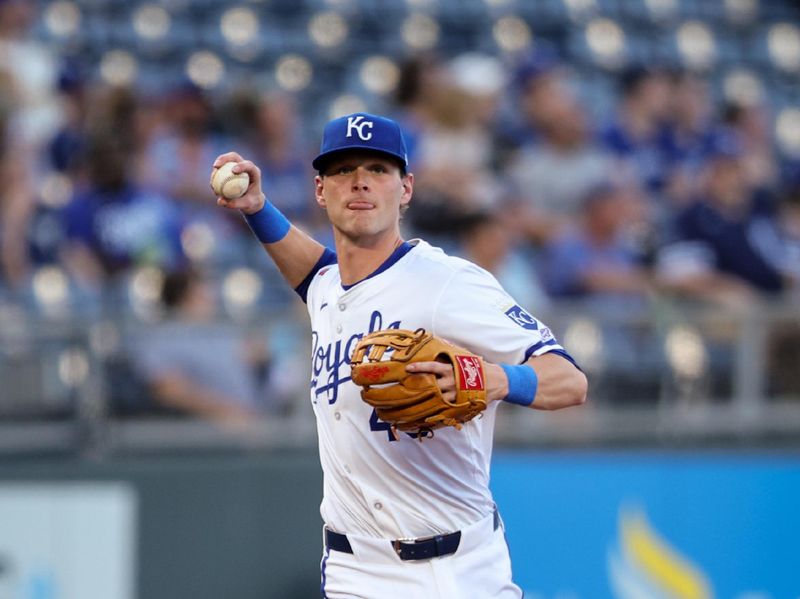 Jun 24, 2024; Kansas City, Missouri, USA; Kansas City Royals third baseman (40) CJ Alexander throws to first base during the second inning against the Miami Marlins at Kauffman Stadium. Mandatory Credit: William Purnell-USA TODAY Sports