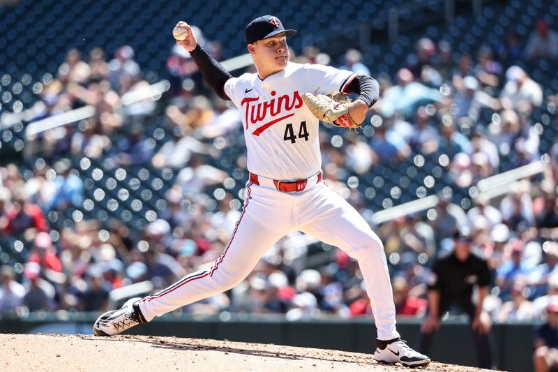 May 8, 2025; Minneapolis, Minnesota, USA; Minnesota Twins pitcher Cole Sands (44) delivers a pitch against the Baltimore Orioles during the sixth inning at Target Field. Mandatory Credit: Matt Krohn-Imagn Images