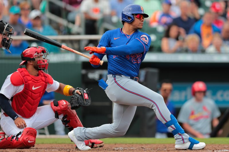 Feb 24, 2025; Jupiter, Florida, USA; New York Mets right fielder Juan Soto (22) hits a single against the St. Louis Cardinals during the third inning at Roger Dean Chevrolet Stadium. Mandatory Credit: Sam Navarro-Imagn Images