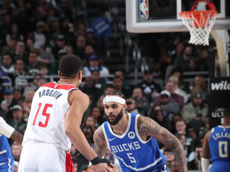 MILWAUKEE, WI - NOVEMBER 30: Gary Trent Jr. #5 of the Milwaukee Bucks plays defense during the game against the Washington Wizards on November 30, 2024 at Fiserv Forum Center in Milwaukee, Wisconsin. NOTE TO USER: User expressly acknowledges and agrees that, by downloading and or using this Photograph, user is consenting to the terms and conditions of the Getty Images License Agreement. Mandatory Copyright Notice: Copyright 2024 NBAE (Photo by Gary Dineen/NBAE via Getty Images).