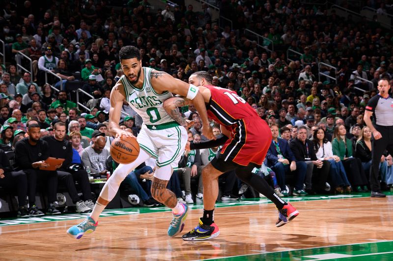 BOSTON, MA - APRIL 21: Jayson Tatum #0 of the Boston Celtics drives to the basket during the game against the Miami Heat during Round 1 Game 1 of the 2024 NBA Playoffs on April 21, 2024 at the TD Garden in Boston, Massachusetts. NOTE TO USER: User expressly acknowledges and agrees that, by downloading and or using this photograph, User is consenting to the terms and conditions of the Getty Images License Agreement. Mandatory Copyright Notice: Copyright 2024 NBAE  (Photo by Brian Babineau/NBAE via Getty Images)