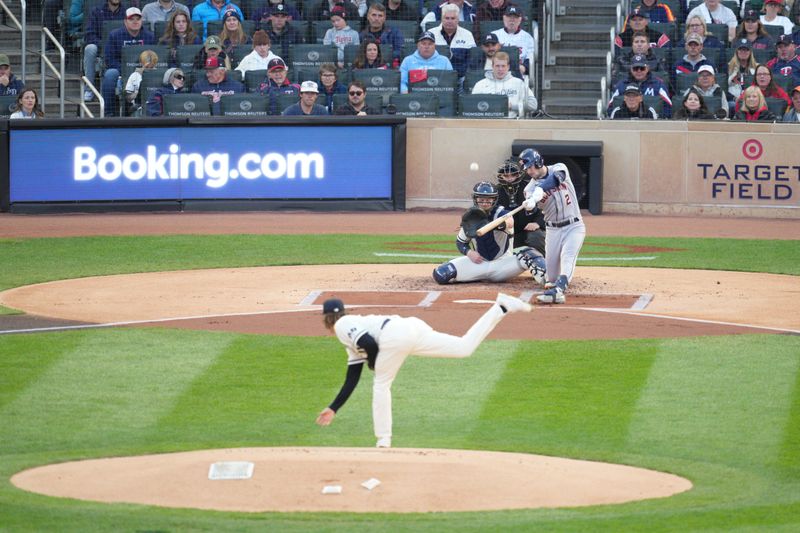 Oct 11, 2023; Minneapolis, Minnesota, USA; Houston Astros third baseman Alex Bregman (2) gets a it in the first inning against the Minnesota Twins during game four of the ALDS for the 2023 MLB playoffs at Target Field. Mandatory Credit: Matt Blewett-USA TODAY Sports