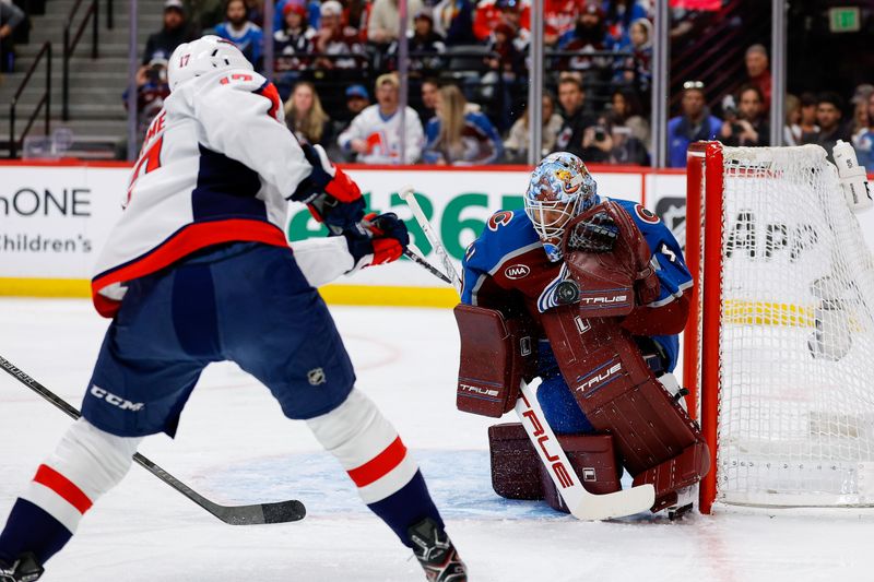 Jan 19, 2026; Denver, Colorado, USA; Colorado Avalanche goaltender Scott Wedgewood (41) makes a save against Washington Capitals center Dylan Strome (17) in the first period at Ball Arena. Mandatory Credit: Isaiah J. Downing-Imagn Images