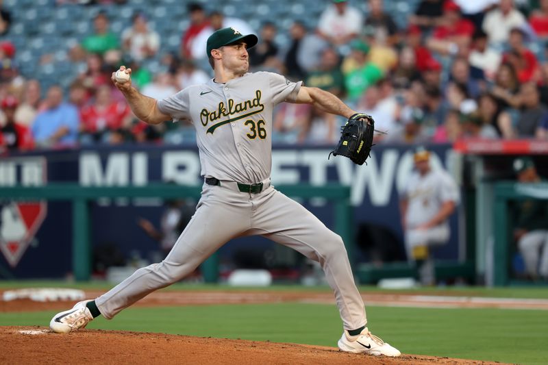 Jul 25, 2024; Anaheim, California, USA;  Oakland Athletics starting pitcher Ross Stripling (36) pitches during the second inning against the Los Angeles Angels at Angel Stadium. Mandatory Credit: Kiyoshi Mio-USA TODAY Sports