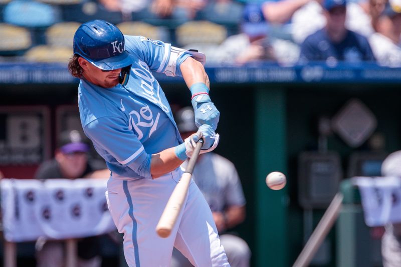 Jun 4, 2023; Kansas City, Missouri, USA; Kansas City Royals shortstop Bobby Witt Jr. (7) at bat during the first inning against the Colorado Rockies at Kauffman Stadium. Mandatory Credit: William Purnell-USA TODAY Sports