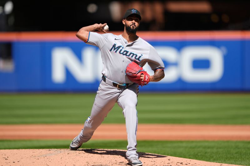 Aug 31, 2025; New York City, New York, USA; Miami Marlins pitcher Sandy Alcantara (22) delivers a pitch against the New York Mets during the third inning at Citi Field. Mandatory Credit: Gregory Fisher-Imagn Images