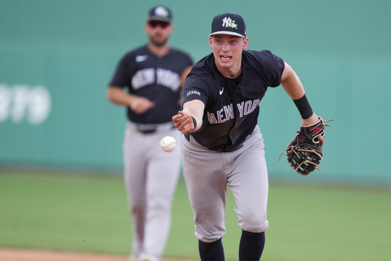 Mar 4, 2026; Fort Myers, Florida, USA;  New York Yankees first baseman Ben Rice (22) tossed the ball to the covering pitcher in the fifth inning against the Boston Red Sox at JetBlue Park at Fenway South. Mandatory Credit: Jim Rassol-Imagn Images