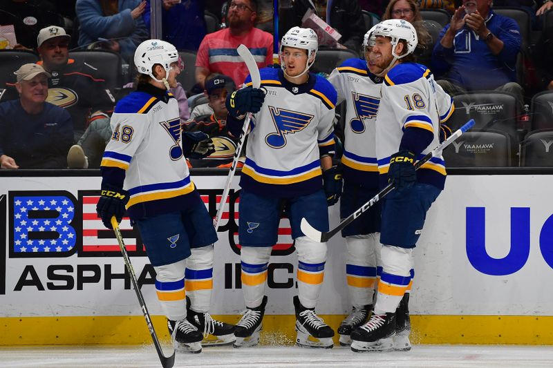 Apr 7, 2024; Anaheim, California, USA; St. Louis Blues celebrate the goal scored by center Zack Bolduc (76) against the Anaheim Ducks during the first period at Honda Center. Mandatory Credit: Gary A. Vasquez-USA TODAY Sports