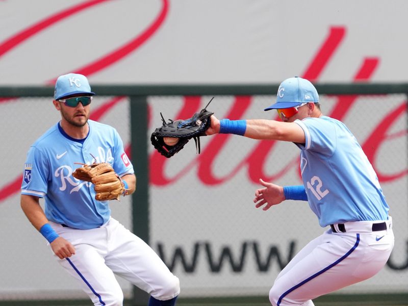 Mar 23, 2024; Surprise, Arizona, USA; Kansas City Royals second baseman Nick Loftin (12) fields a ground ball against the Texas Rangers during the second inning at Surprise Stadium. Mandatory Credit: Joe Camporeale-USA TODAY Sports