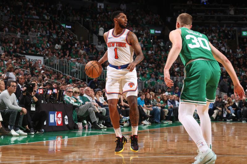 BOSTON, MA - OCTOBER 22: Cameron Payne #1 of the New York Knicks dribbles the ball during the game Boston Celtics on October 22, 2024 at TD Garden in Boston, Massachusetts. NOTE TO USER: User expressly acknowledges and agrees that, by downloading and or using this Photograph, user is consenting to the terms and conditions of the Getty Images License Agreement. Mandatory Copyright Notice: Copyright 2024 NBAE (Photo by Nathaniel S. Butler/NBAE via Getty Images)